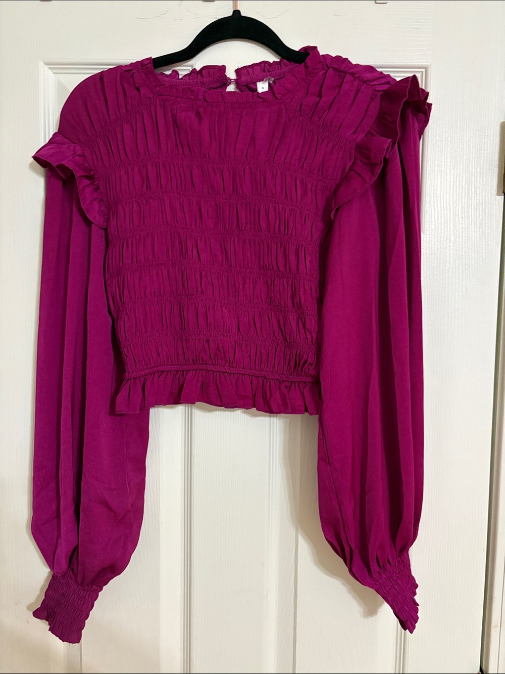glam Fuchsia Smocked Ruffle Long-Sleeve Blouse